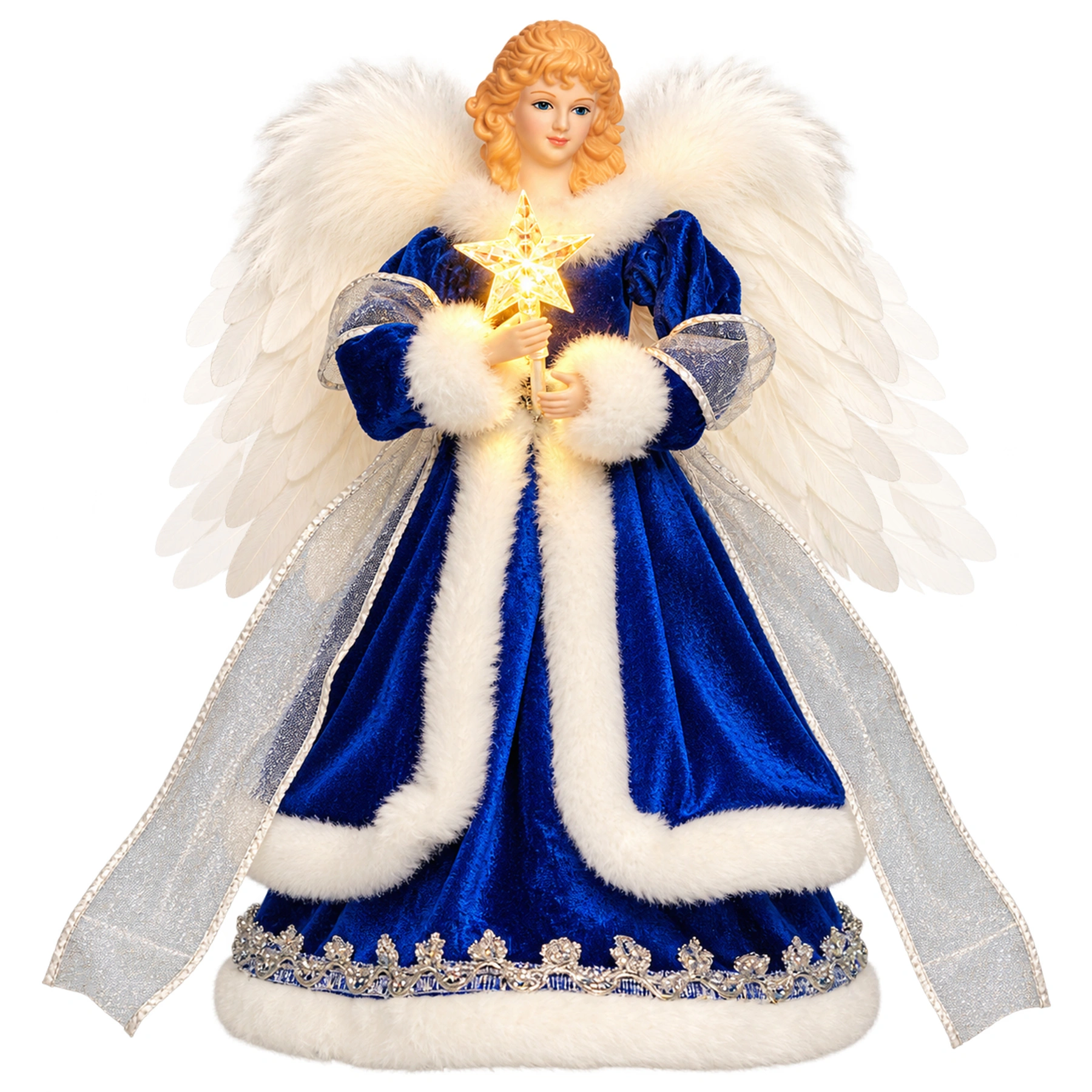 Blue Christmas angel tree topper decoration with white feather wings, warm glowing lights, holding lit star