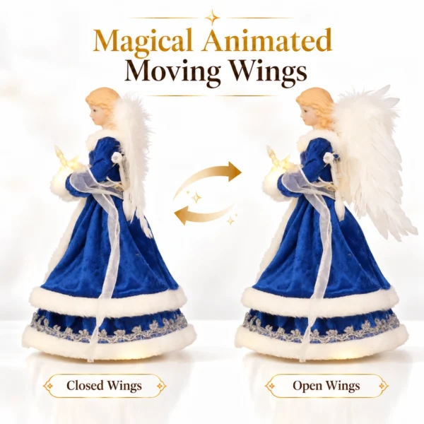 Animated angel tree topper showing closed wings and open wings motion demonstration, blue iridescent gown