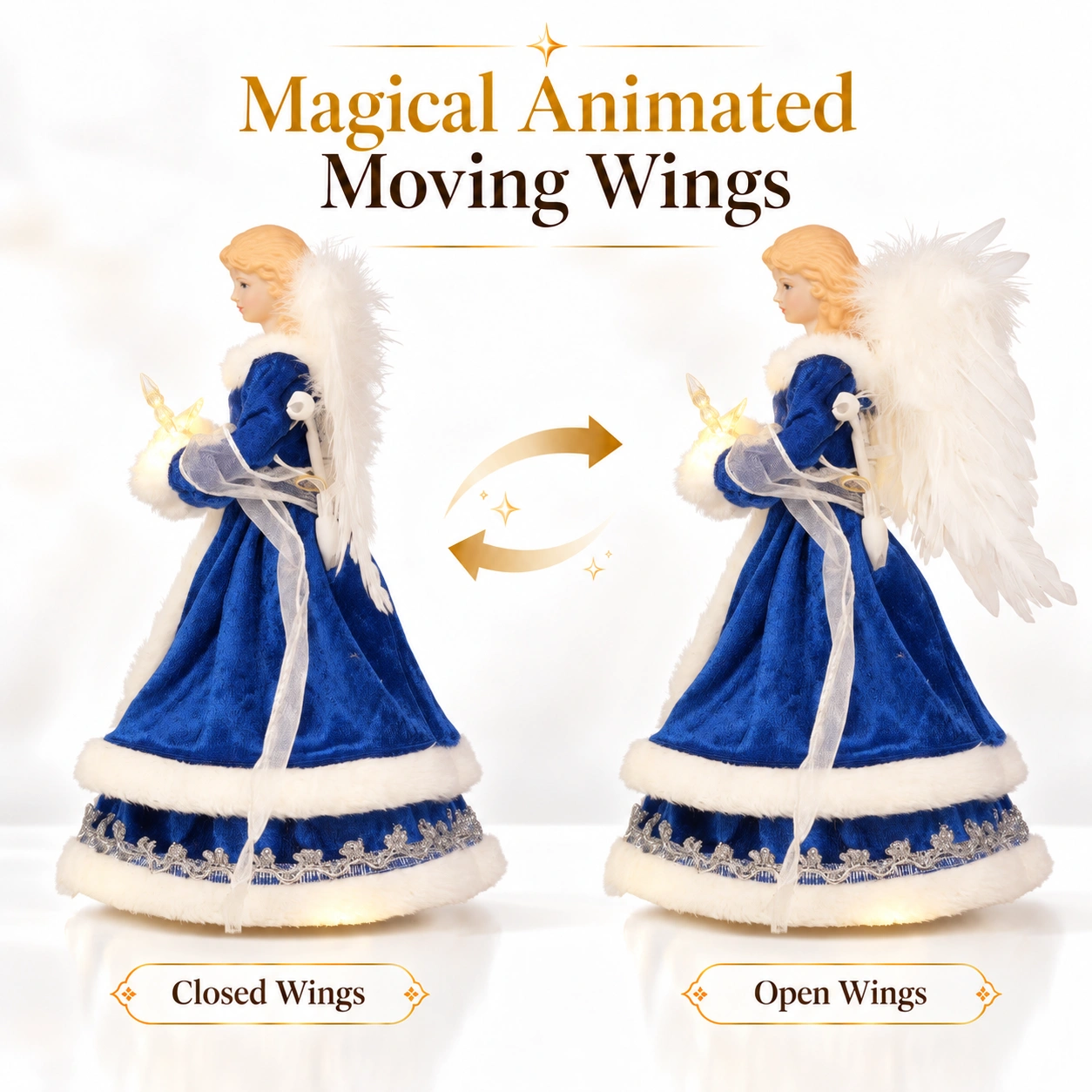 Animated angel tree topper showing closed wings and open wings motion demonstration, blue iridescent gown