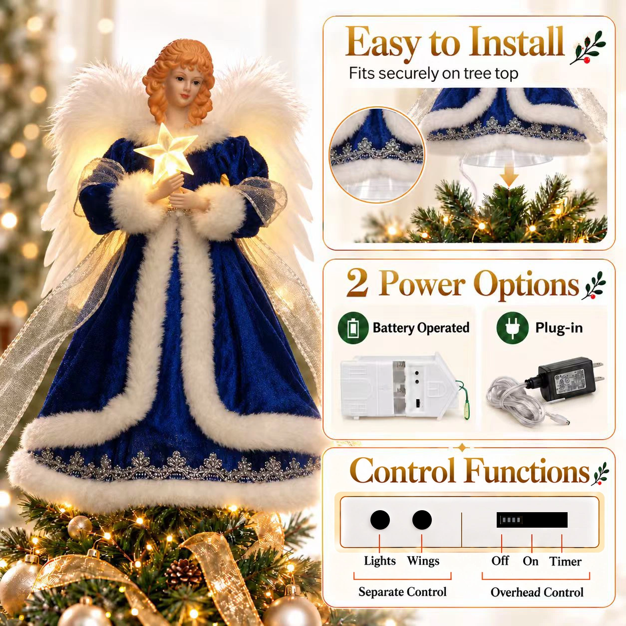 Blue light up angel tree topper features easy tree top mount, battery and plug-in 2 power options, separate control for lights and wings with timer function