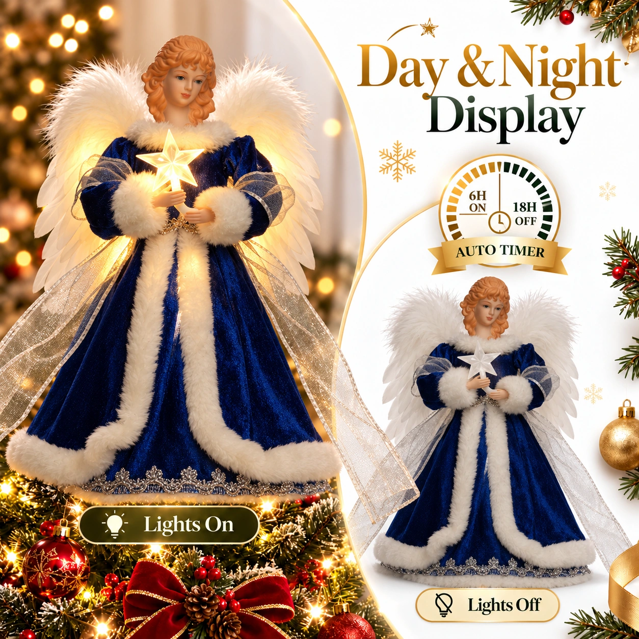 Lighted blue angel tree topper day night display, auto timer 6 hours on /18 hours off, lights on and lights off comparison
