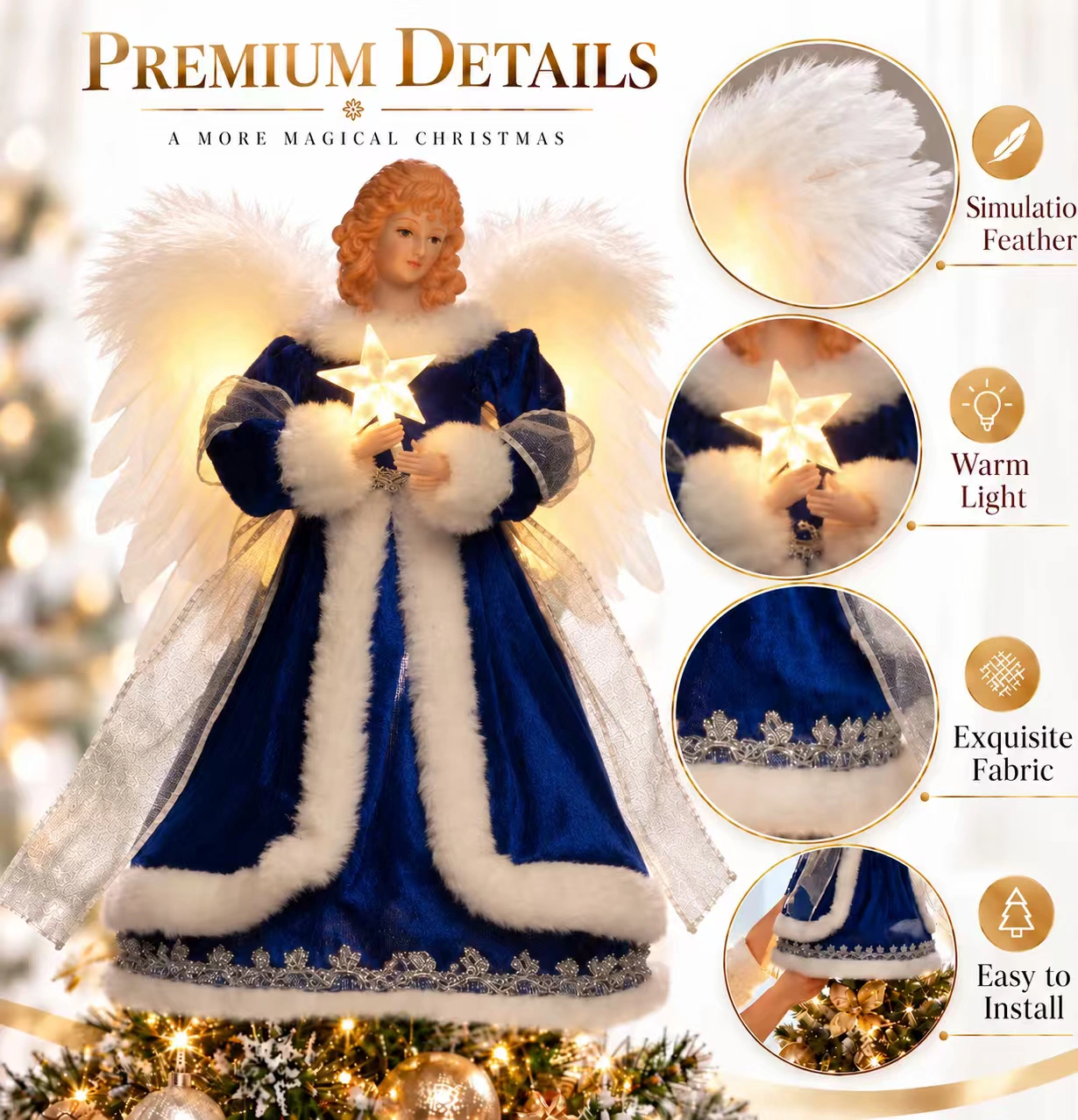 Closeup feature graphic of blue animated angel tree topper: simulation feather wings, warm LED light, exquisite shimmer fabric, easy to install