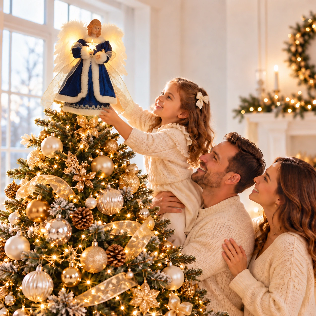 Happy family putting blue animated angel tree topper on decorated Christmas tree