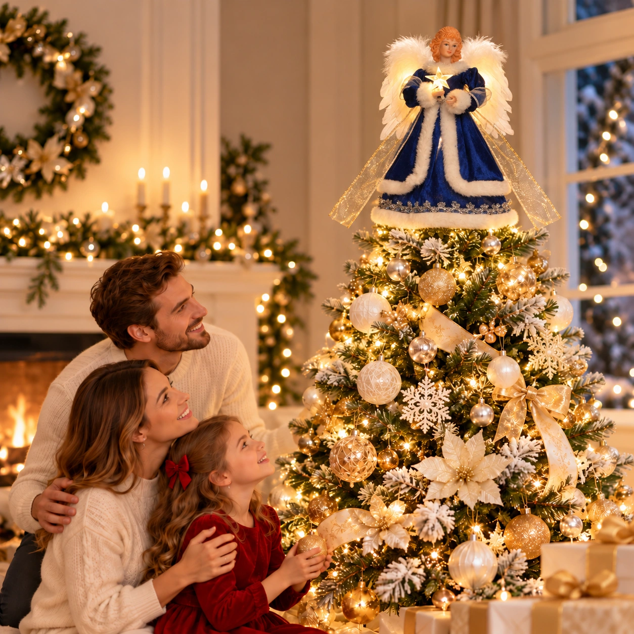 Glowing blue moving-wing angel tree topper on full decorated Christmas tree, cozy festive living room with family watching
