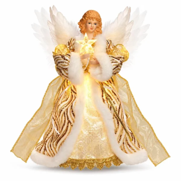 Gold Christmas angel tree topper decoration with white feather wings, warm glowing lights, holding lit star