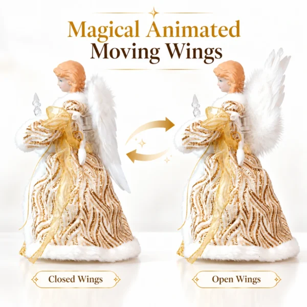Animated angel tree topper showing closed wings and open wings motion demonstration, gold iridescent gown