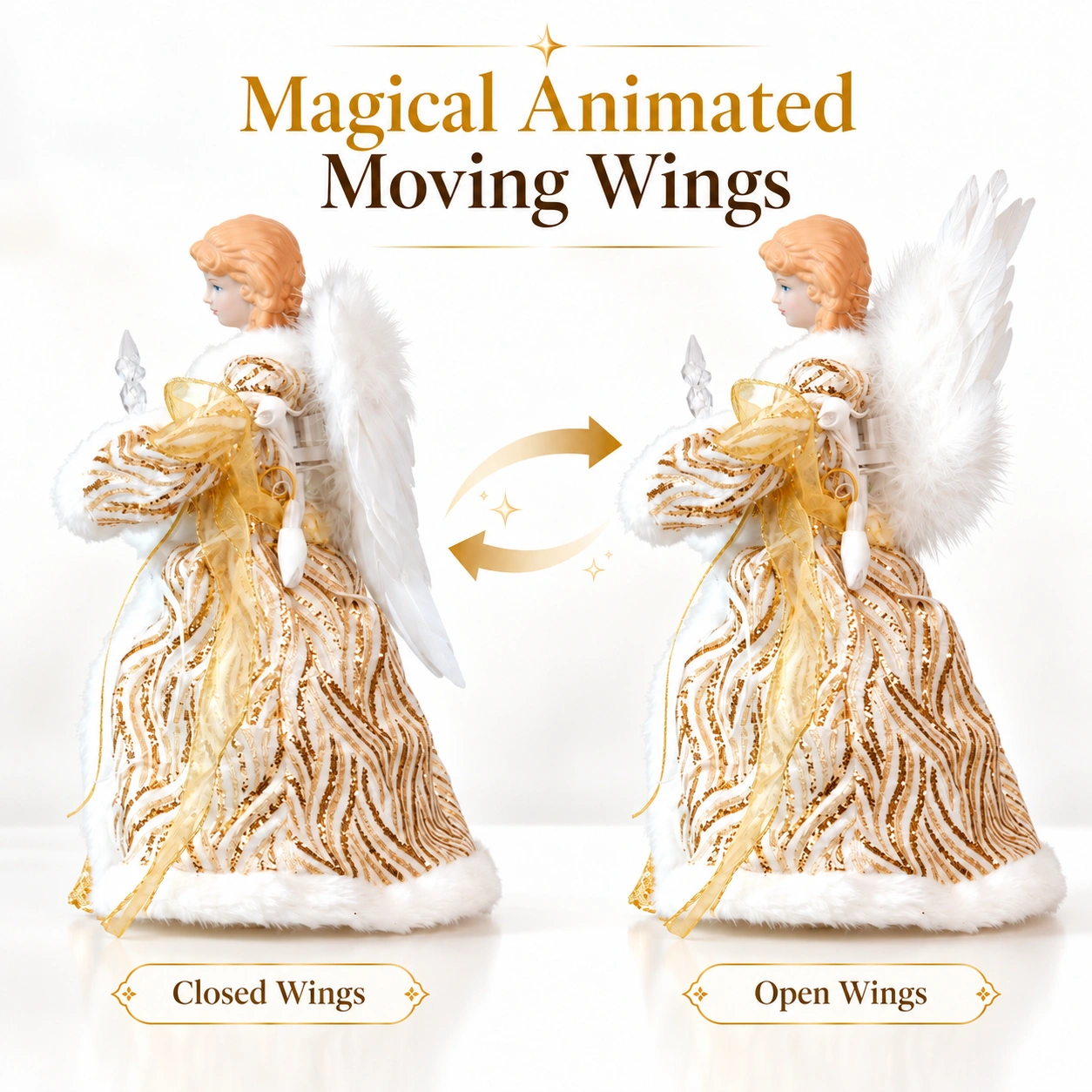 Animated angel tree topper showing closed wings and open wings motion demonstration, gold iridescent gown