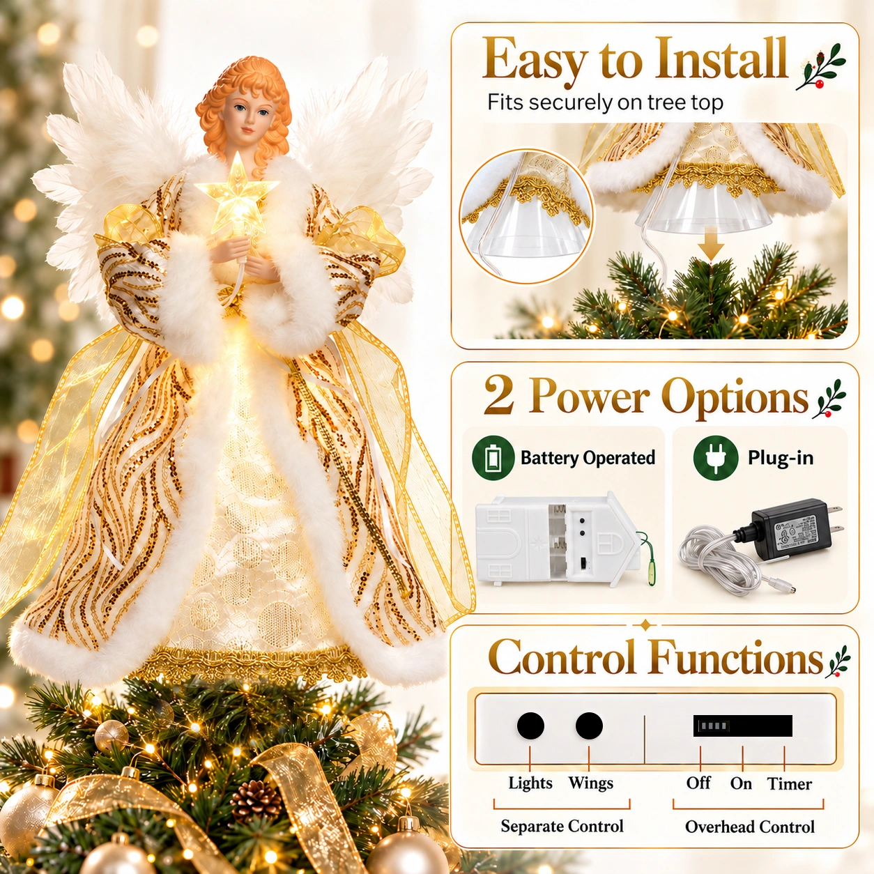 Gold light up angel tree topper features easy tree top mount, battery and plug-in 2 power options, separate control for lights and wings with timer function