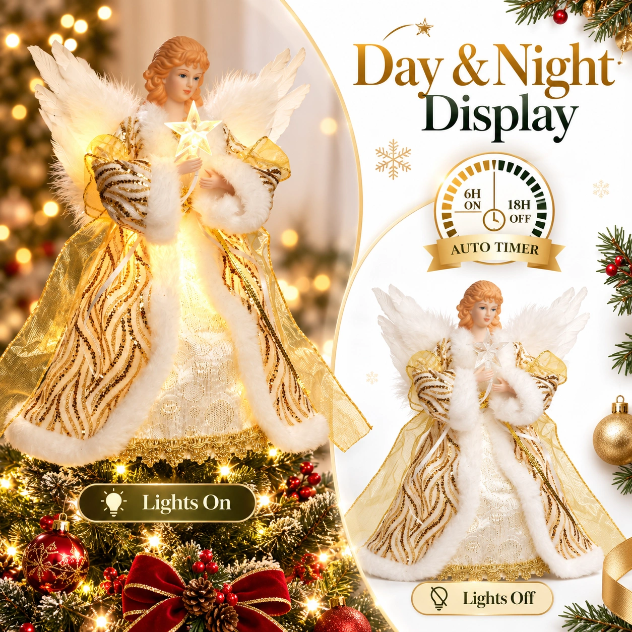 Lighted gold angel tree topper day night display, auto timer 6 hours on /18 hours off, lights on and lights off comparison