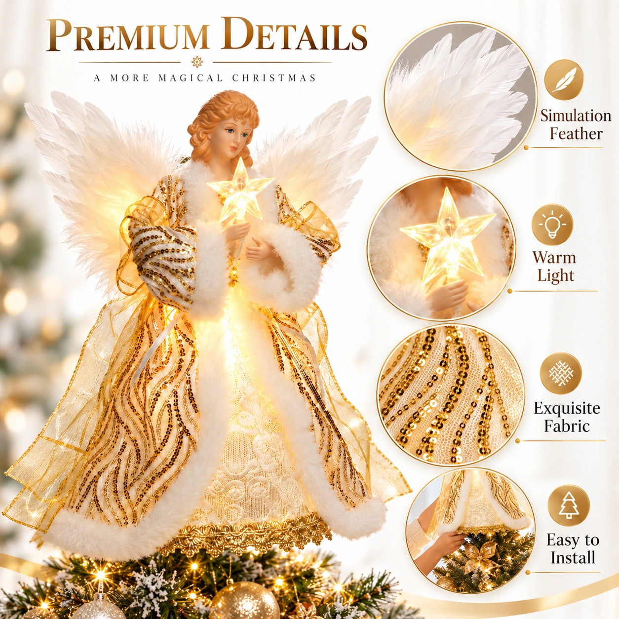 Closeup feature graphic of gold animated angel tree topper: simulation feather wings, warm LED light, exquisite shimmer fabric, easy to install