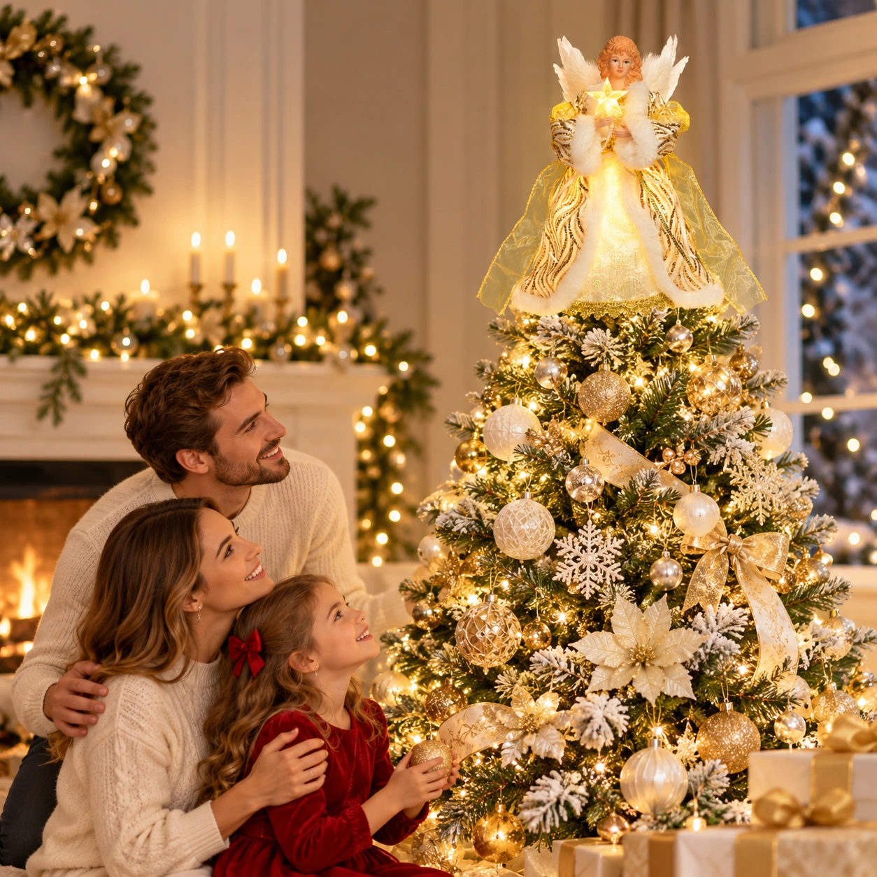 Glowing gold moving-wing angel tree topper on full decorated Christmas tree, cozy festive living room with family watching