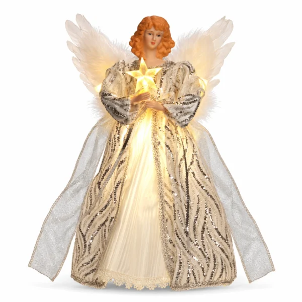 Silver Christmas angel tree topper decoration with white feather wings, warm glowing lights, holding lit star