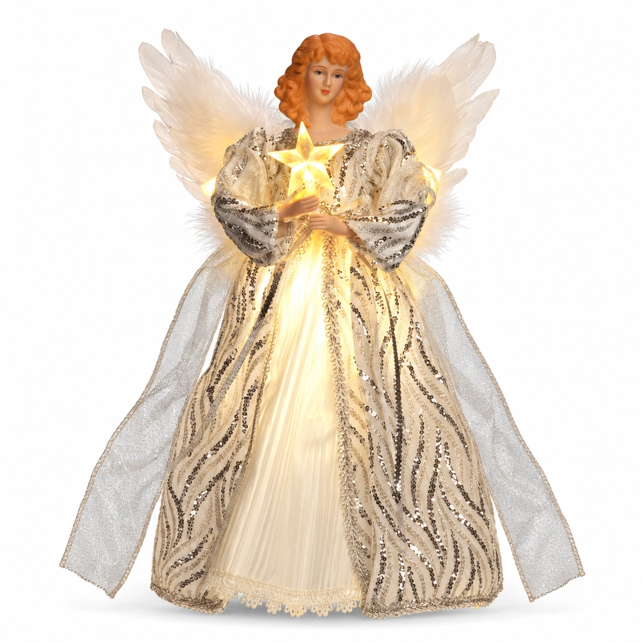 Silver Christmas angel tree topper decoration with white feather wings, warm glowing lights, holding lit star