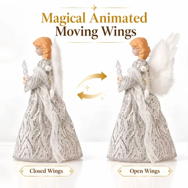 Animated angel tree topper showing closed wings and open wings motion demonstration, silver iridescent gown