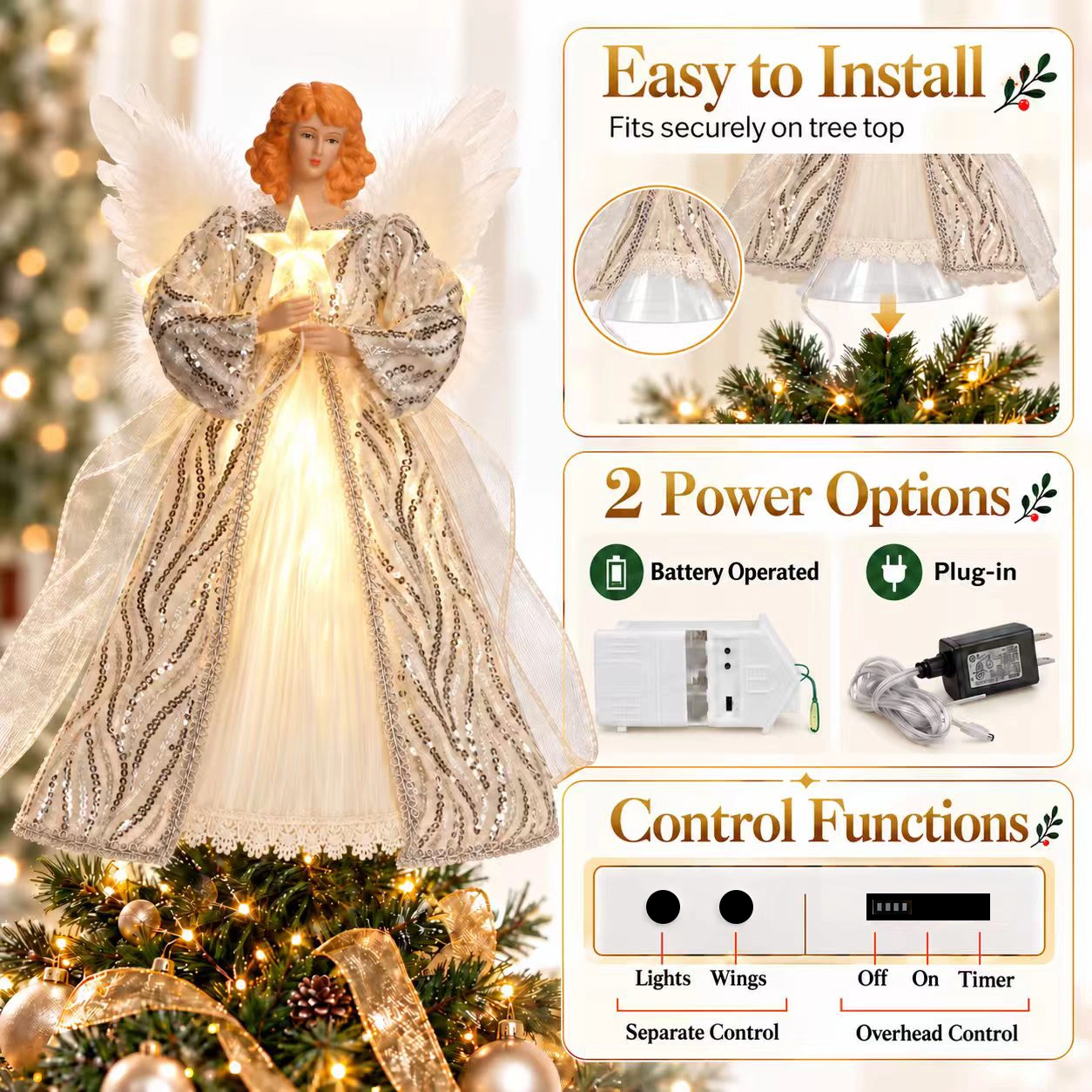 Silver light up angel tree topper features easy tree top mount, battery and plug-in 2 power options, separate control for lights and wings with timer function