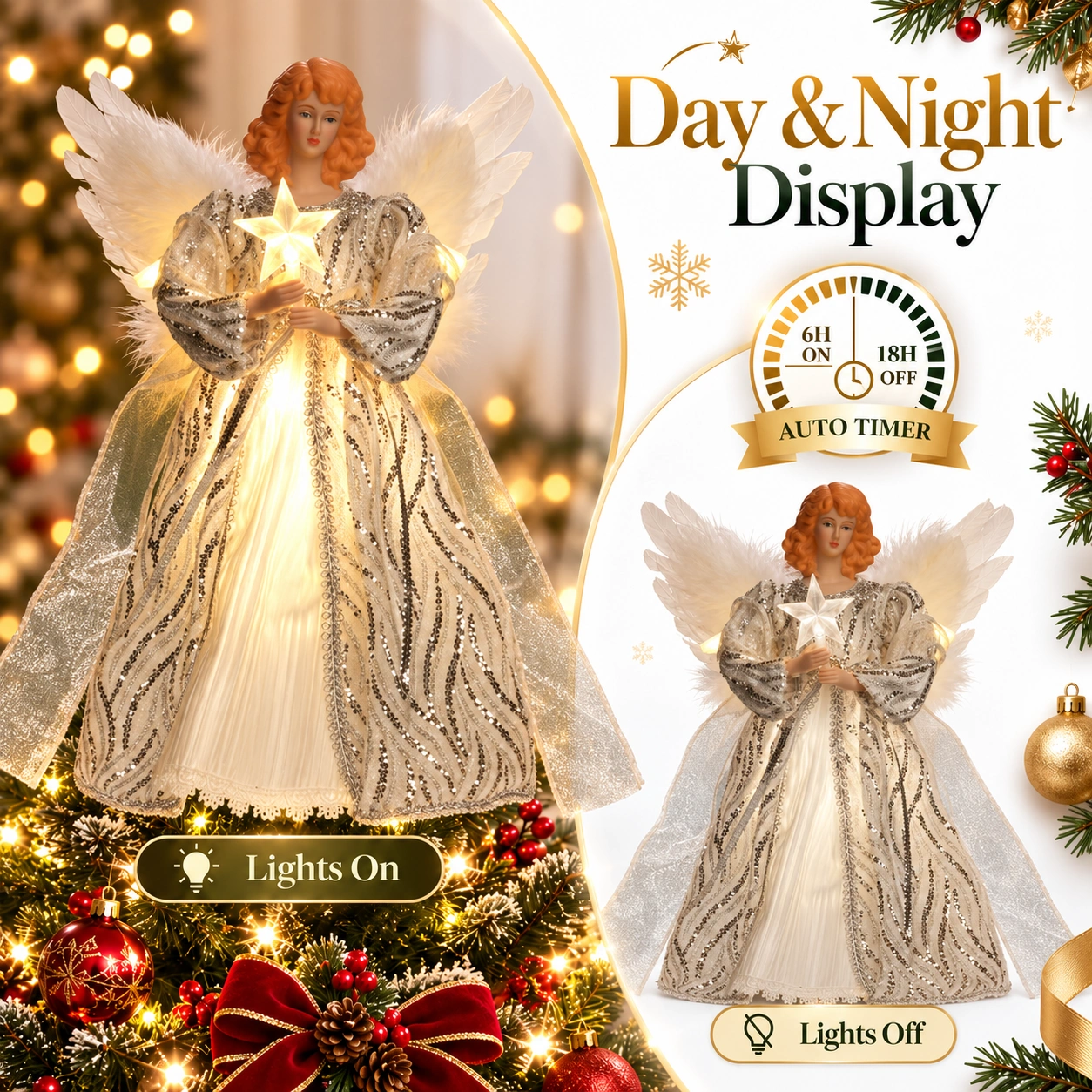 Lighted silver angel tree topper day night display, auto timer 6 hours on /18 hours off, lights on and lights off comparison