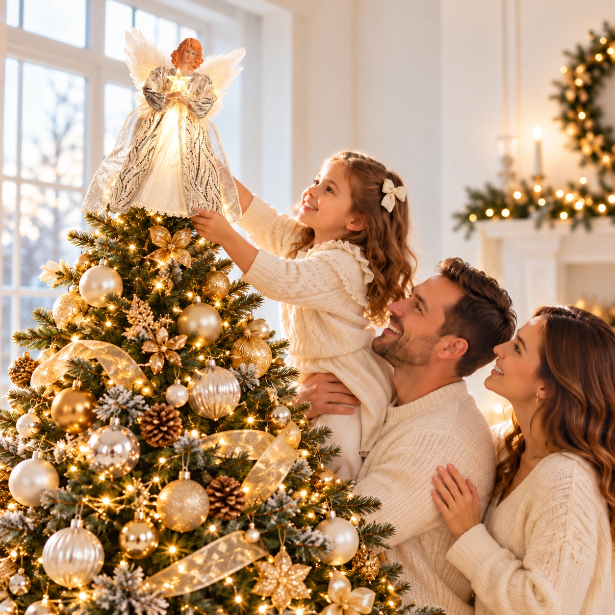 Happy family putting silver animated angel tree topper on decorated Christmas tree
