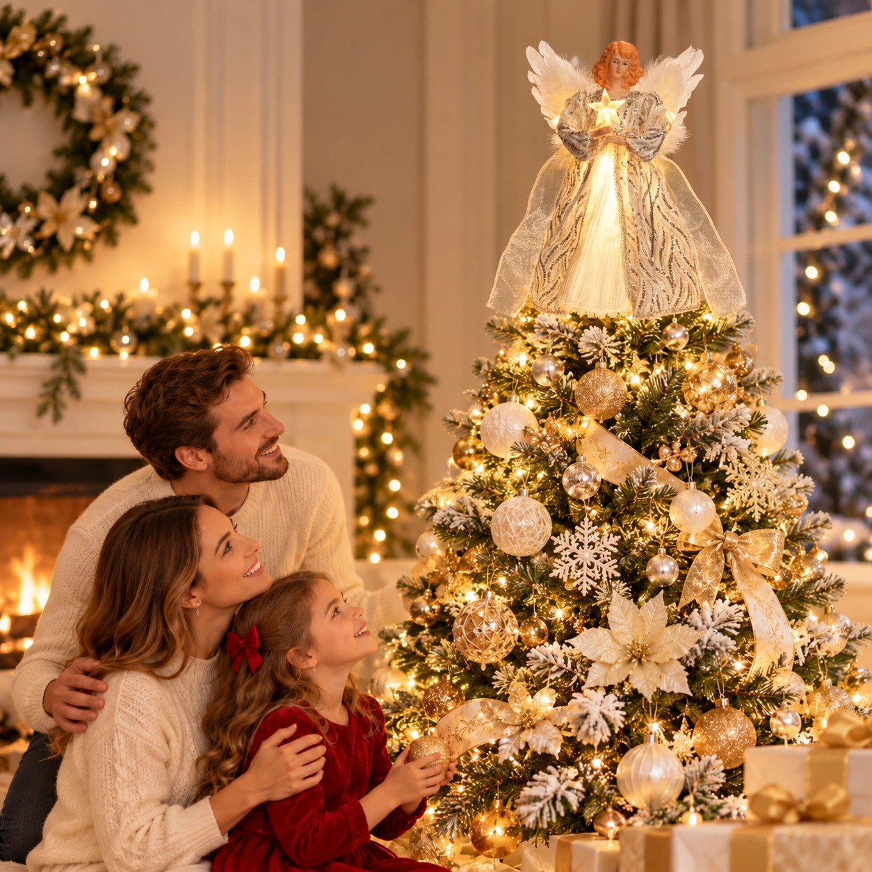 Glowing silver moving-wing angel tree topper on full decorated Christmas tree, cozy festive living room with family watching