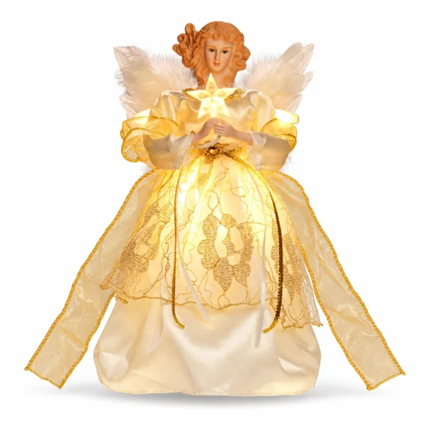 Gold trim Christmas angel tree topper decoration with white feather wings, warm glowing lights, holding lit star
