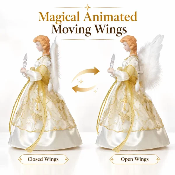 Animated angel tree topper showing closed wings and open wings motion demonstration, gold trim iridescent gown