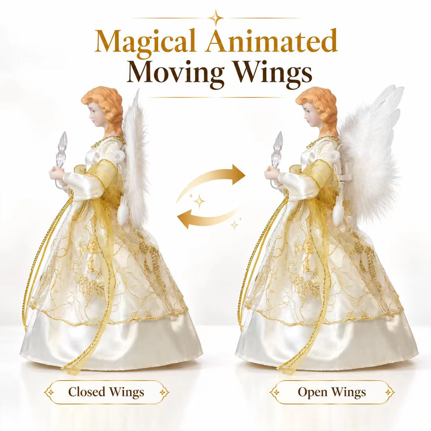 Animated angel tree topper showing closed wings and open wings motion demonstration, gold trim iridescent gown