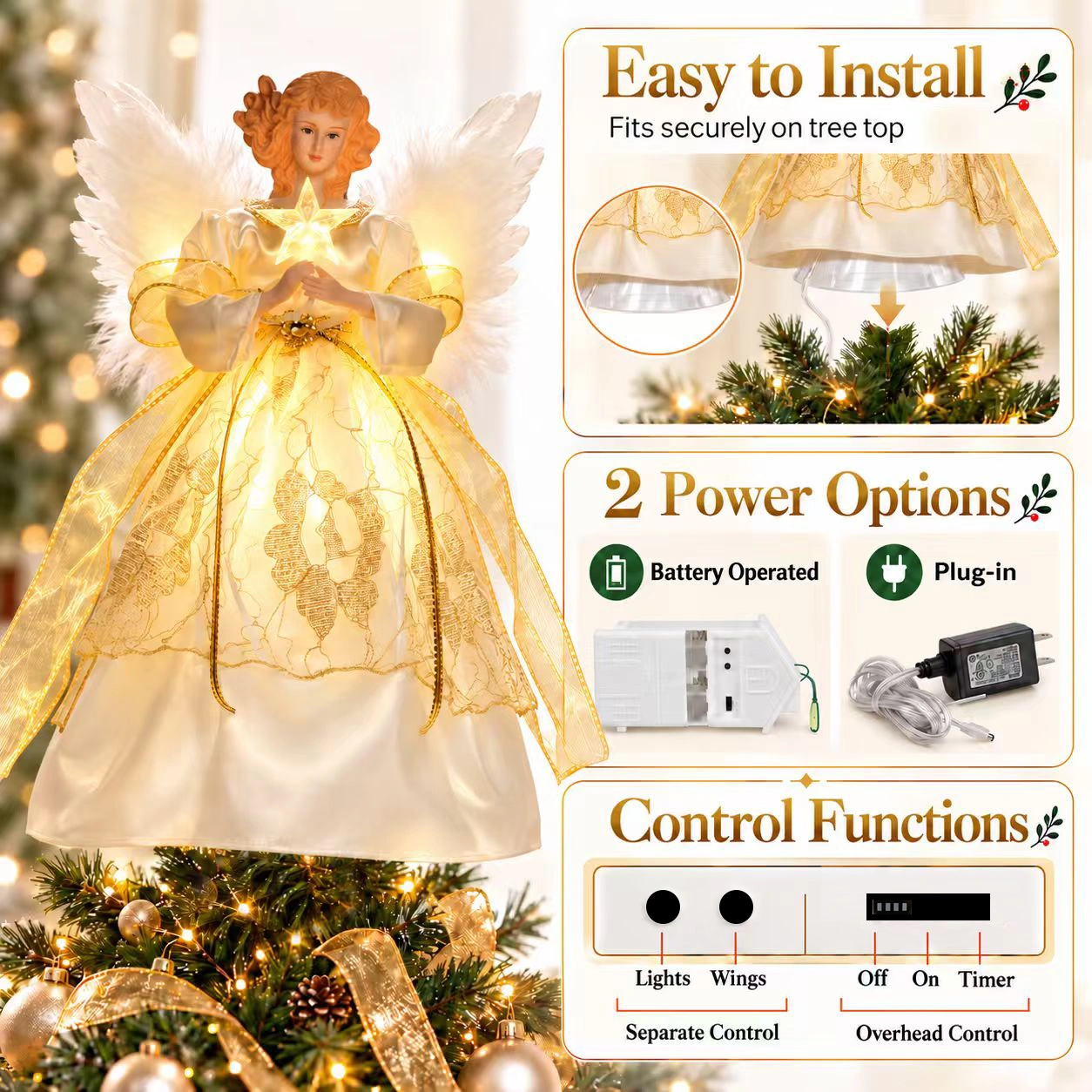 Gold trim light up angel tree topper features easy tree top mount, battery and plug-in 2 power options, separate control for lights and wings with timer function