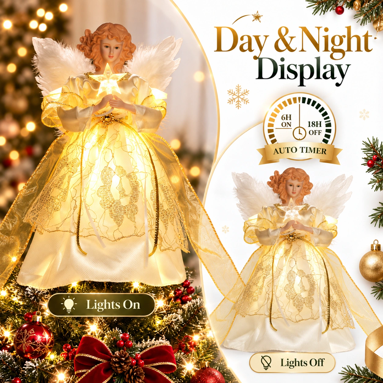 Lighted gold trim angel tree topper day night display, auto timer 6 hours on /18 hours off, lights on and lights off comparison