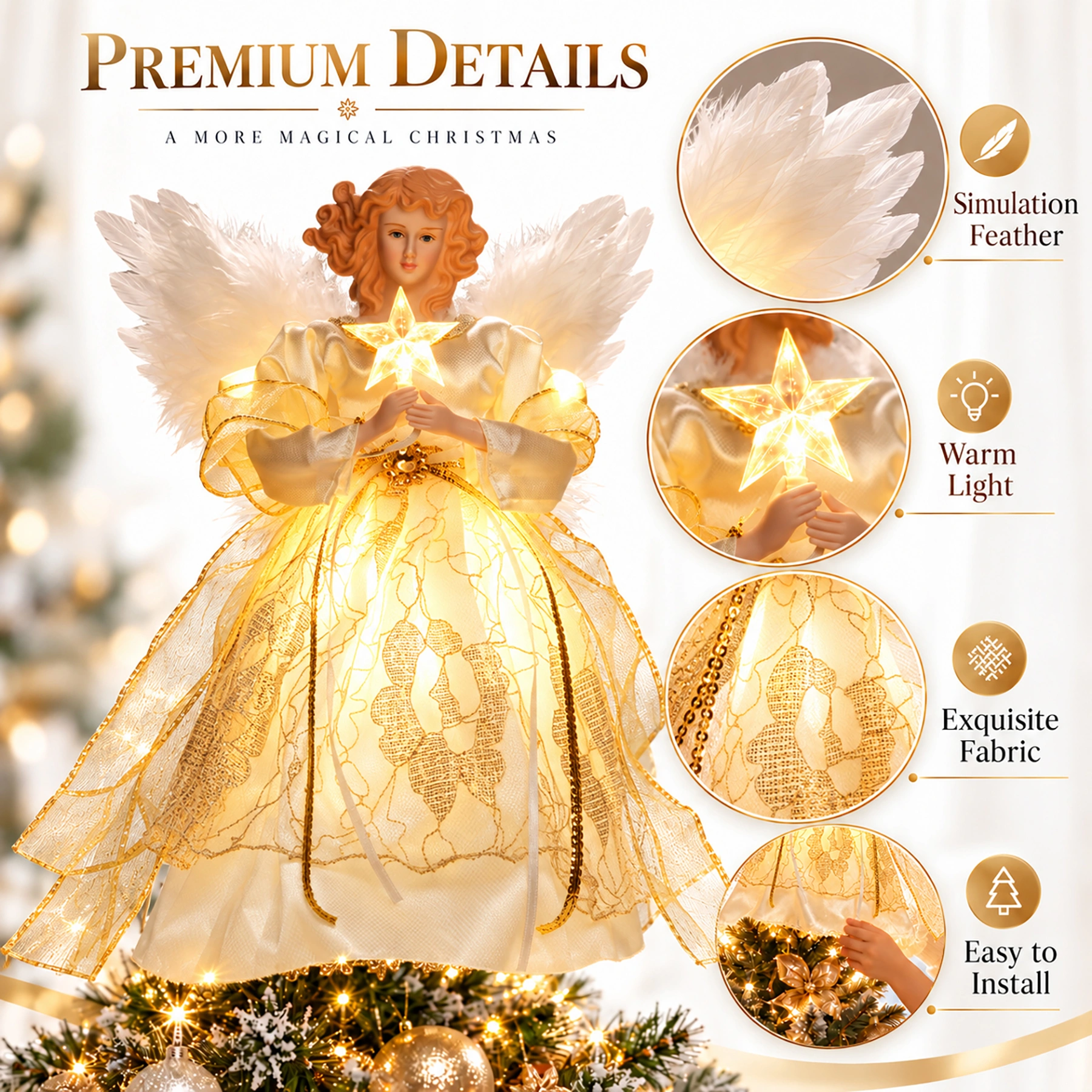 Closeup feature graphic of gold trim animated angel tree topper: simulation feather wings, warm LED light, exquisite shimmer fabric, easy to install