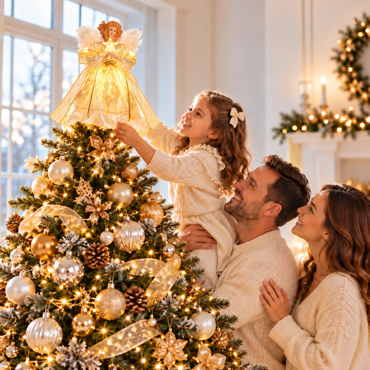 Happy family putting gold trim animated angel tree topper on decorated Christmas tree