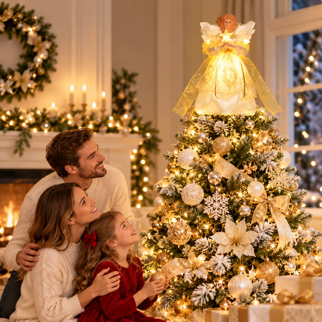 Glowing gold trim moving-wing angel tree topper on full decorated Christmas tree, cozy festive living room with family watching